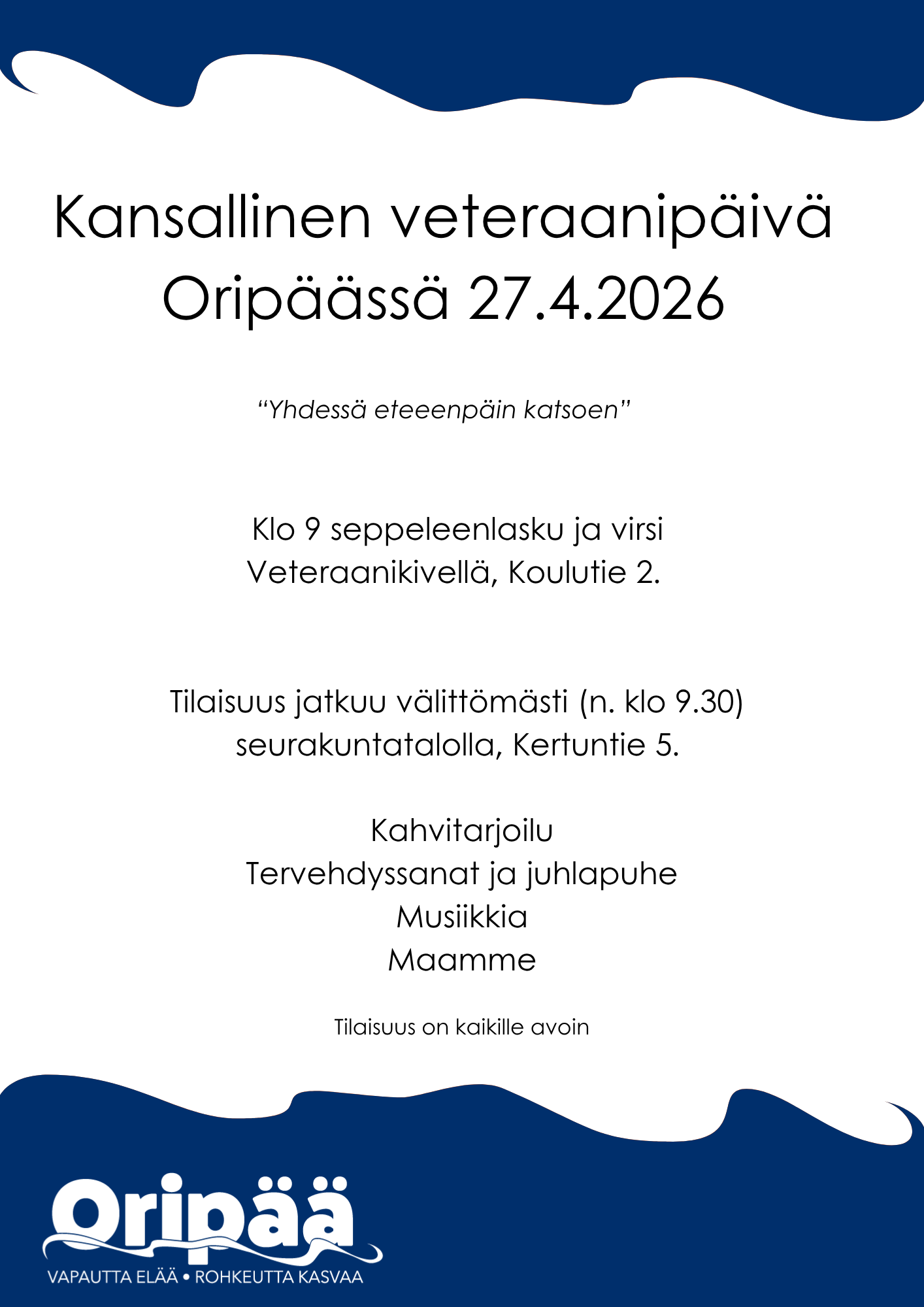 Yhdessä eteenpäin katsoen - Kansallinen veteraanipäivä 27.4.2026 Oripäässä